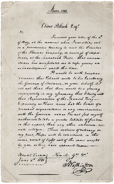 Letter from George Washington to Oliver Pollock, 1788 (Library of Congress).