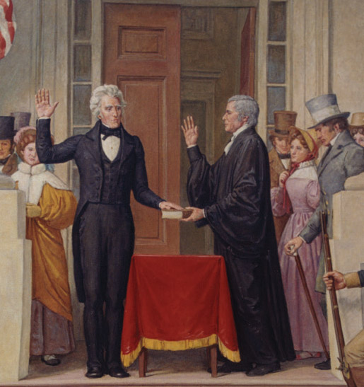 Chief Justice John Marshall administering the oath of office to Andrew Jackson on the east portico of the U.S. Capitol, March 4, 1829. Courtesy Library of Congress.