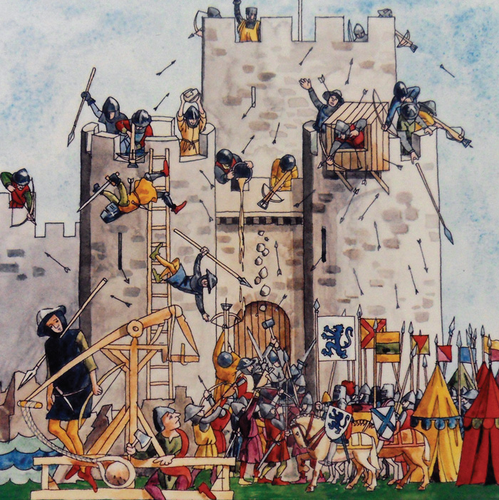 An interpretative illustration at Carrickfergus Castle showing Edward Bruce’s army laying siege.