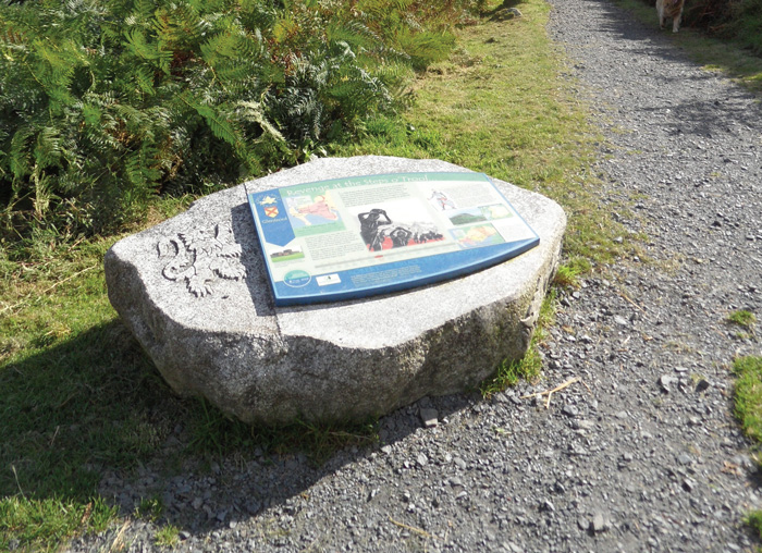 Interpretive panel at Glen Trool, which reads ‘he first fled to Rathlin Island, then to Ulster and later to the Hebrides’. Glen Trool is part of the Robert the Bruce Trail through Dumfries and Galloway.