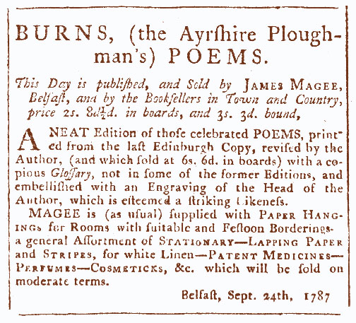 The Belfast News Letter advert, 24 September 1787