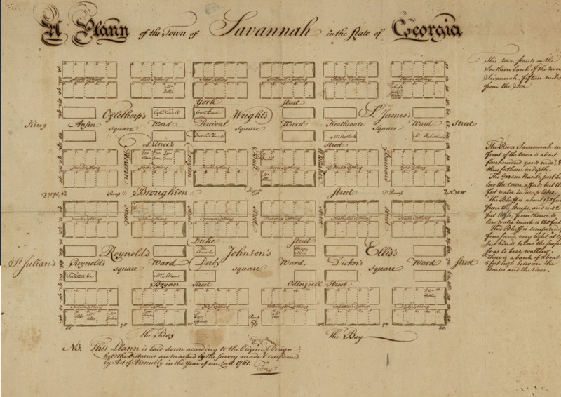 A plan of Savannah, 1761, showing the layout of streets and squares including ‘Ellis’s Square’. Courtesy Library of Congress, Geography and Map Division.