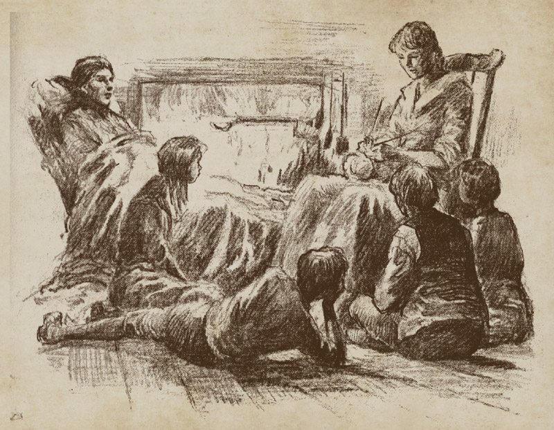 Elizabeth Jackson telling stories of life back in Ulster to her three sons, her sister Jane Crawford and one of Jane’s daughters. From Andrew Jackson - Frontier Statesman, (Illinois, 1954). Illustration by Lorence F. Bjorklund (1911 - 1978).