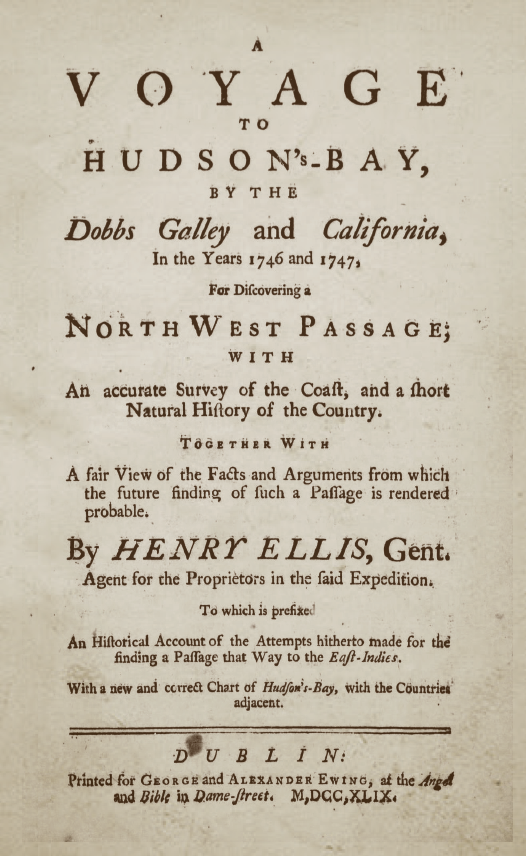 Title page of Henry Ellis’s 1749 book on the search for the ‘Northwest Passage’.