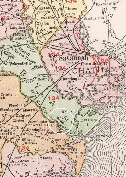 The Library Atlas of the World (1912), showing the location of Belfast, Bryan County, GA. Courtesy David Rumsey Map Collection.