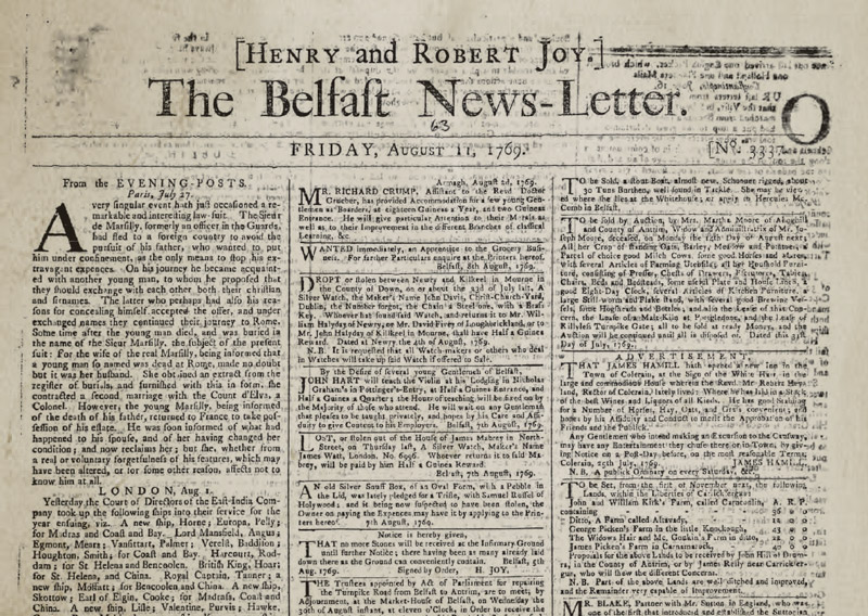 The masthead of the Belfast Newsletter