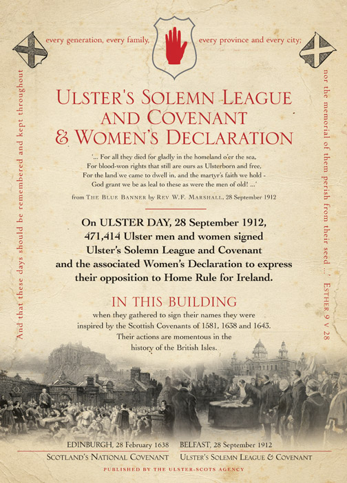 Commemorative artworks produced by the Ulster-Scots Agency have been presented to buildings where the Covenant was signed in 1912