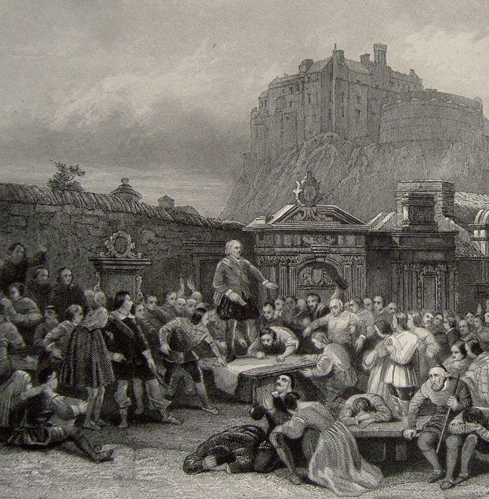 Victorian engraving of the signing of Scotland’s National Covenant in Greyfriars Kirkyard in Edinburgh, 1638