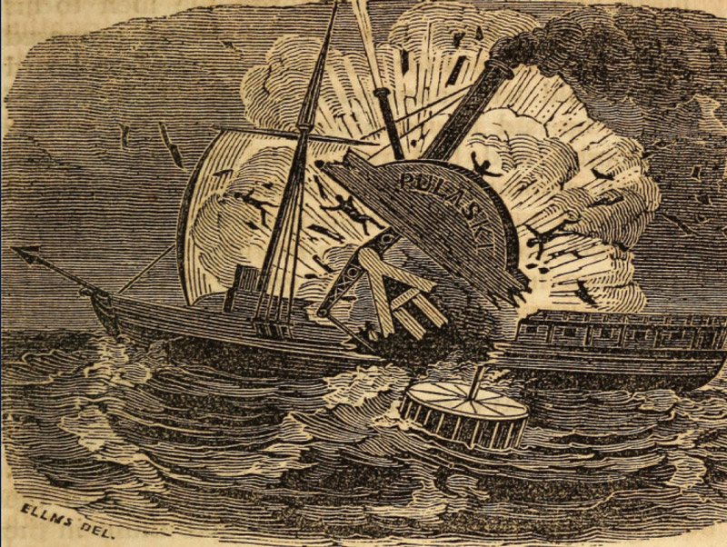The explosion on the steamship Pulaski in 1838. From The Tragedy of the Seas by Charles Elms (1848).