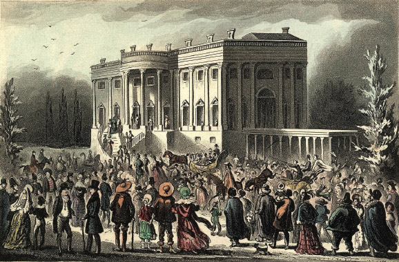 Crowds at Jackson’s entry to the White House, 1829. “There never was a day like it, before or since, in the history of the White House. Scots-Irish frontiersmen, and a good many who were not, crowded the new presidential mansion. They drank all the liquor, ate all the food, scratched the elegant furniture with their spurs, quarrelled, were sick on the lawn and stole the silver.” – God’s Frontiersmen by Rory Fitzpatrick (1989)