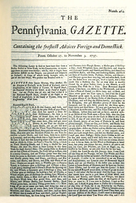 The 1737 edition of The Pennsylvania Gazette which published James Murray’s letter