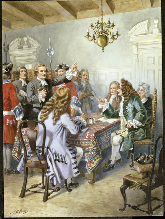 This painting by Henry A. Ogden recreates Makemie’s trial before Lord Cornbury. (Presbyterian Historical Society, Philadelphia)