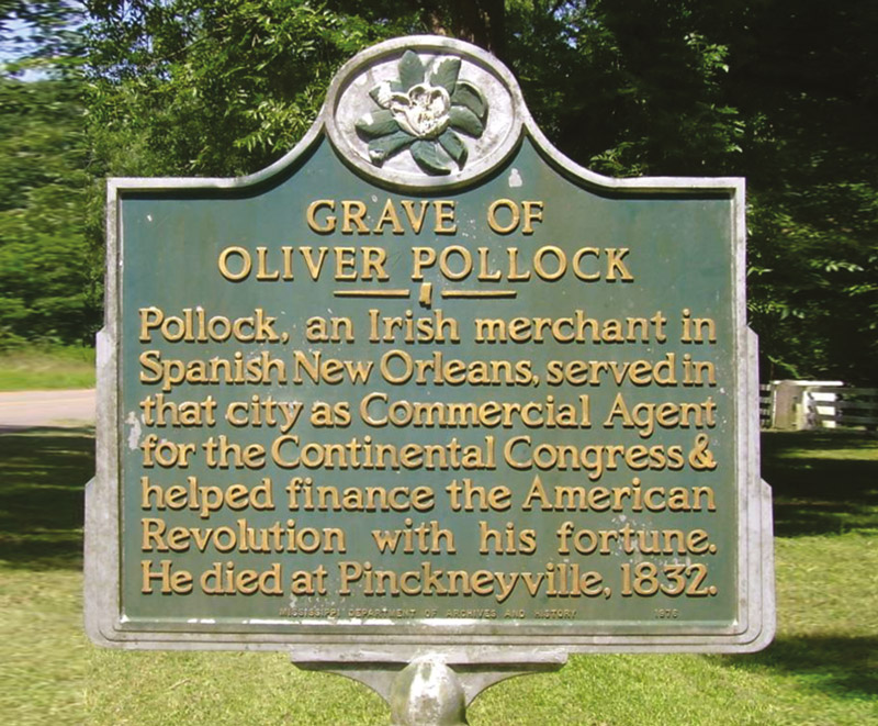 Historical marker to Oliver Pollock in Pinckneyville, Mississippi.