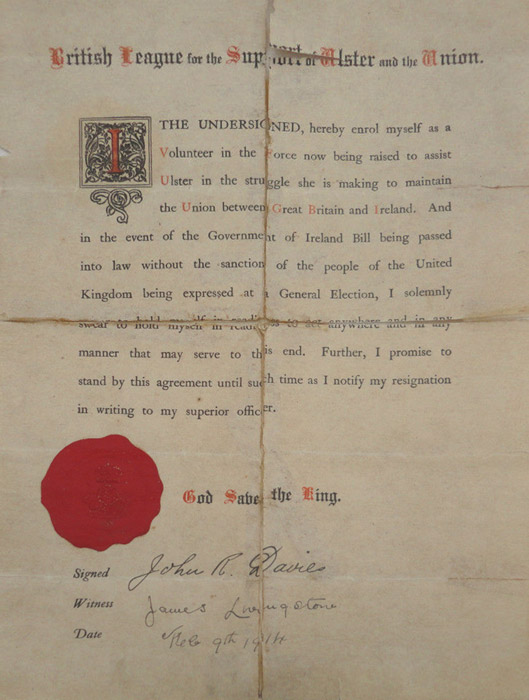 British League for the Support of Ulster and the Union recruitment form, 1914