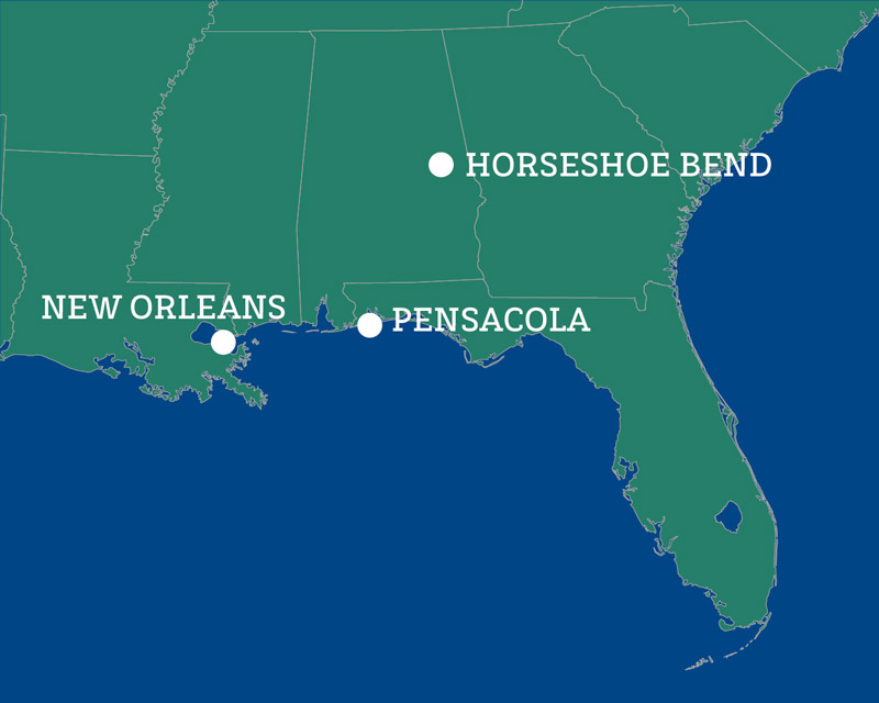 The locations of Jackson’s famous victories in 1814 and 1815.