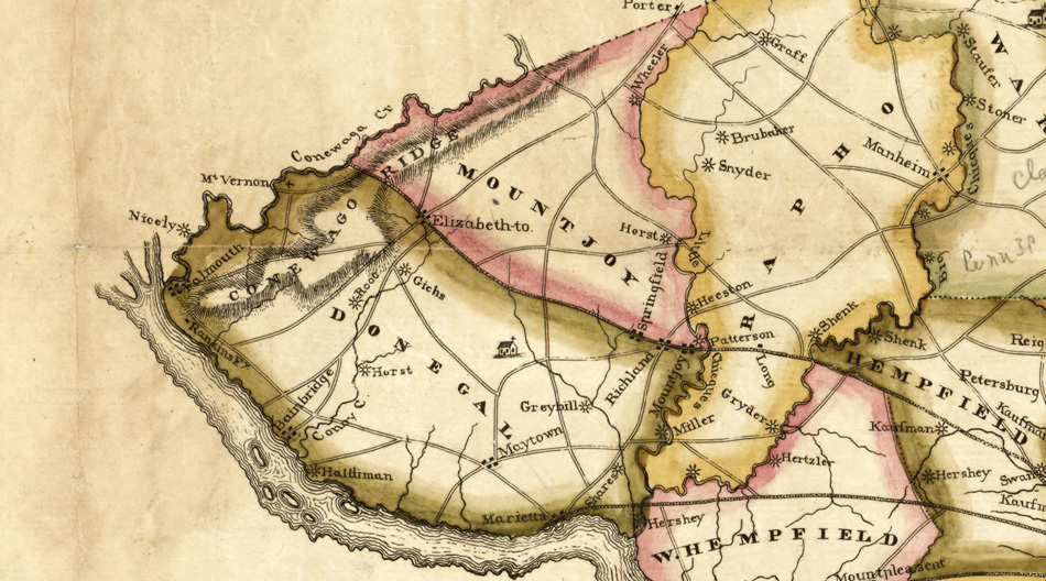 Lancaster County, Pennsylvania, in 1821 showing the townships of Donegal, Rapho and Mount Joy.