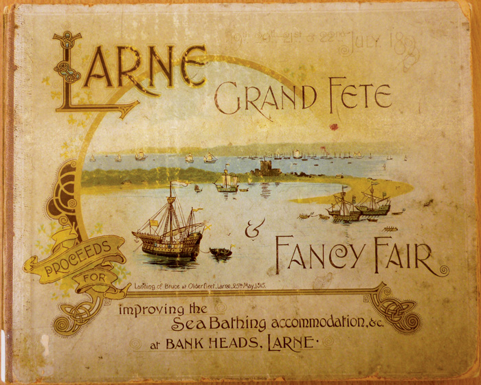 Larne Grand Fete brochure front cover featuring an illustration recreating the arrival of Bruce and his fleet