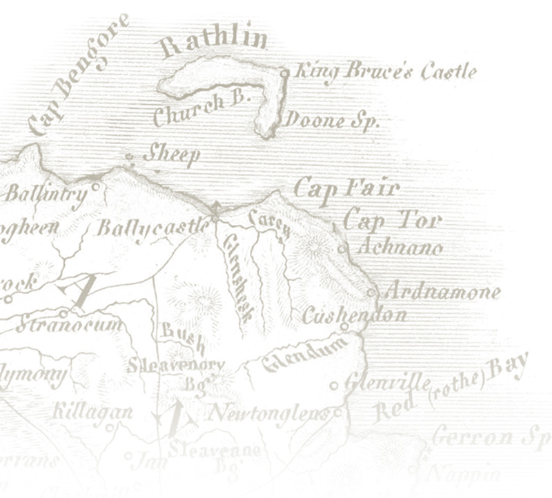Map of Rathlin with ‘King Bruce’s Castle’ marked. Below the castle is ‘Bruce’s Cave’.