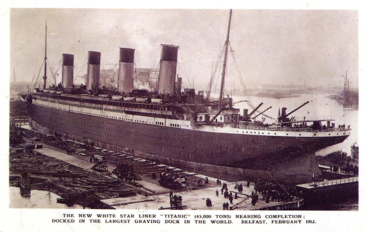 A postcard showing Titanic in February 1912 in the largest graving dock in the world