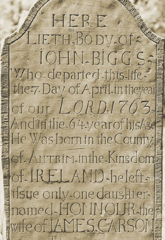 Gravestone of Ulster emigrant John Biggs