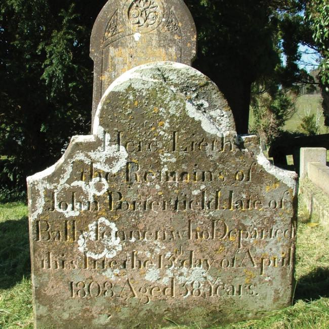 Headstone in the old graveyard in St Johnston showing the townland name Ballylennan